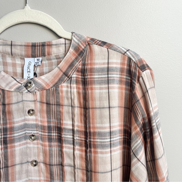 Grace‎ Karma Top Women's Medium New NWT Plaid Neutral Cotton Gauze Scandi Earthy - Picture 6 of 12